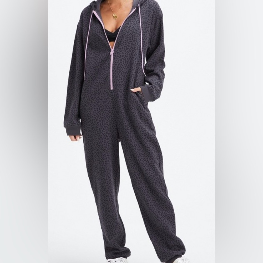 Flabetics Black and Purple Leopard Forever Fleece Hooded Onesie.